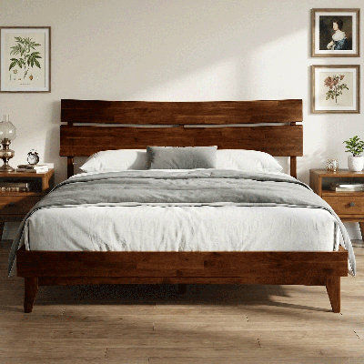 Acacia Aurora Premium Solid Wood Platform Bed Frame and High Headboard, Queen Bed Frame with Headboard Included, Mid Century Modern Bed Frame