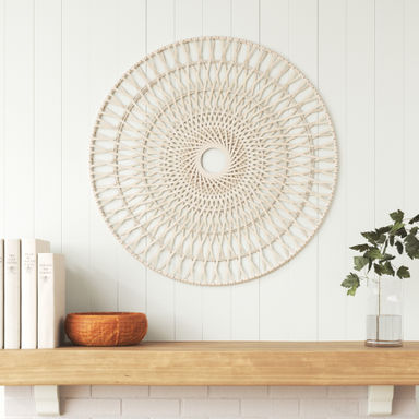 Boho Woven Bamboo Wood & Rattan Wall Hanging - 36" Round Decorative White Wall Art for Home, Office, Bedroom, Living Room - Casual Handmade Accent Decor