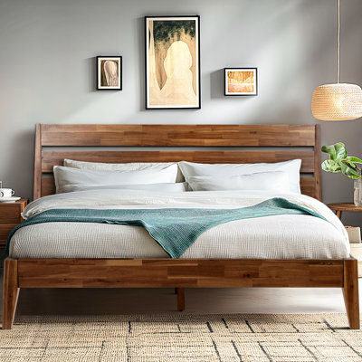 Acacia Christoper Premium Solid Wood Platform Bed with Headboard, Mid Century Queen Bed Frame, High Back Design with Brown Finish, No Box Spring Neede