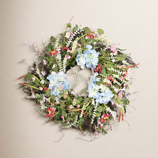 24" Artificial Farmhouse Twig Blossoms Cluster Greenery Mini Eucalyptus Hydrangea Spring Summer Wreath For Front Door Wedding Party Home Decor