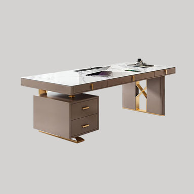 Beige Rectangular Sintered Stone Desk,5-Solid Wood drawer