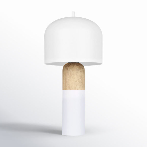 Rosalee 19 In. Matte White & Faux Wood Table Lamp With Matte White Metal Shade And Line Switch