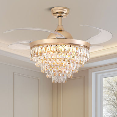 Retractable Crystal Ceiling Fan With Led Lights & Remote Control
