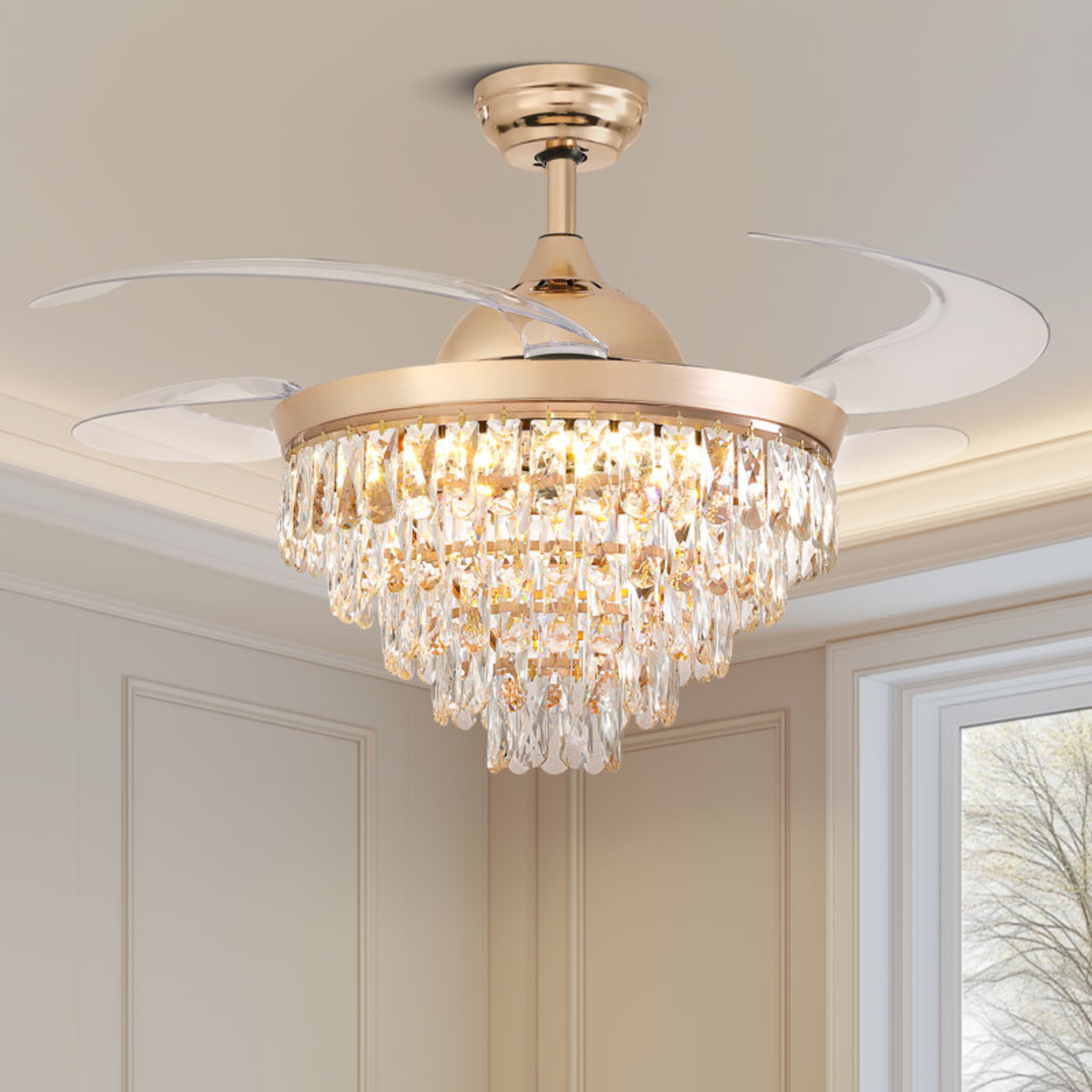 48" Retractable Crystal Ceiling Fan with LED Lights & Remote