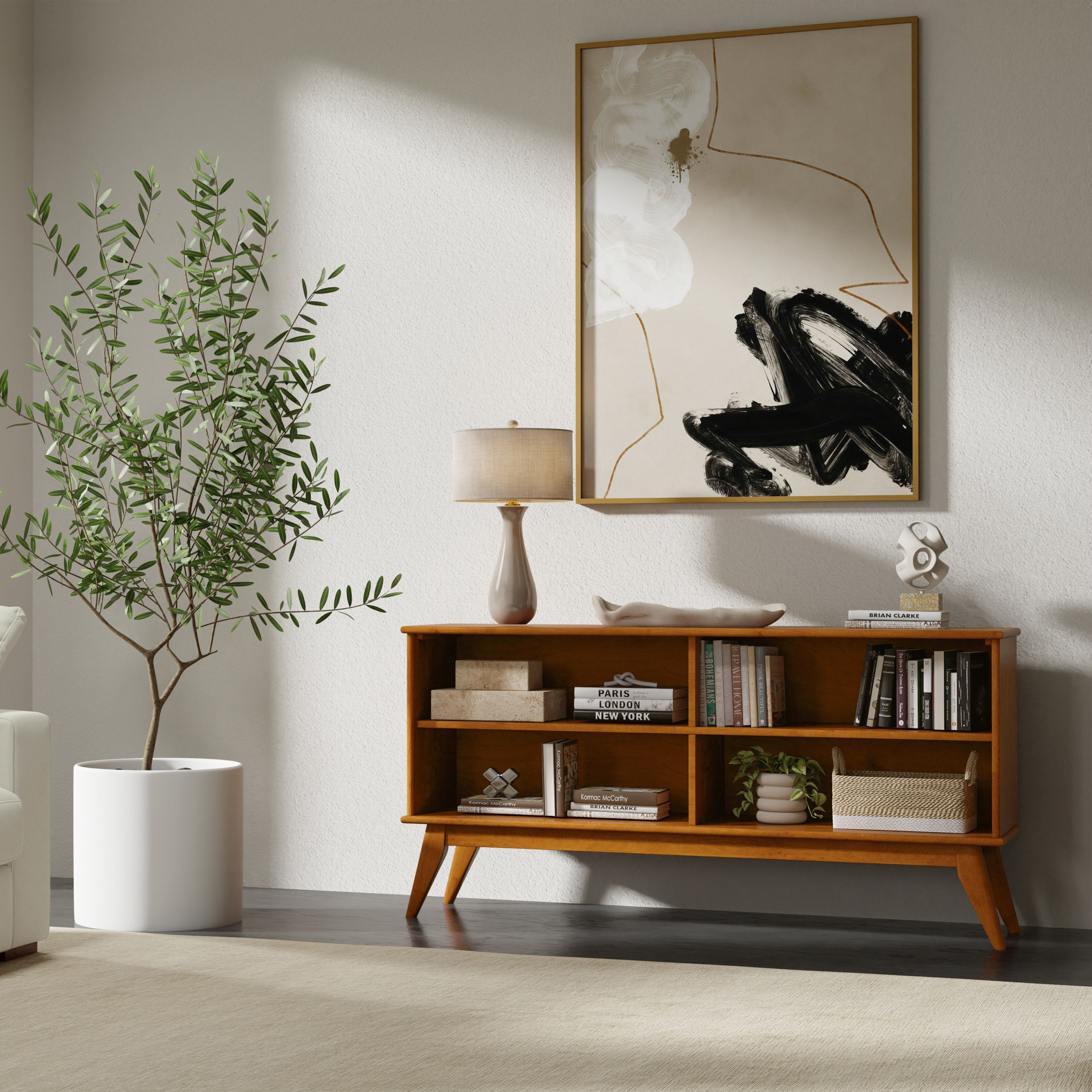 64" Mid-Century Modern Solid Hardwood 4-Shelf Low Bookcase