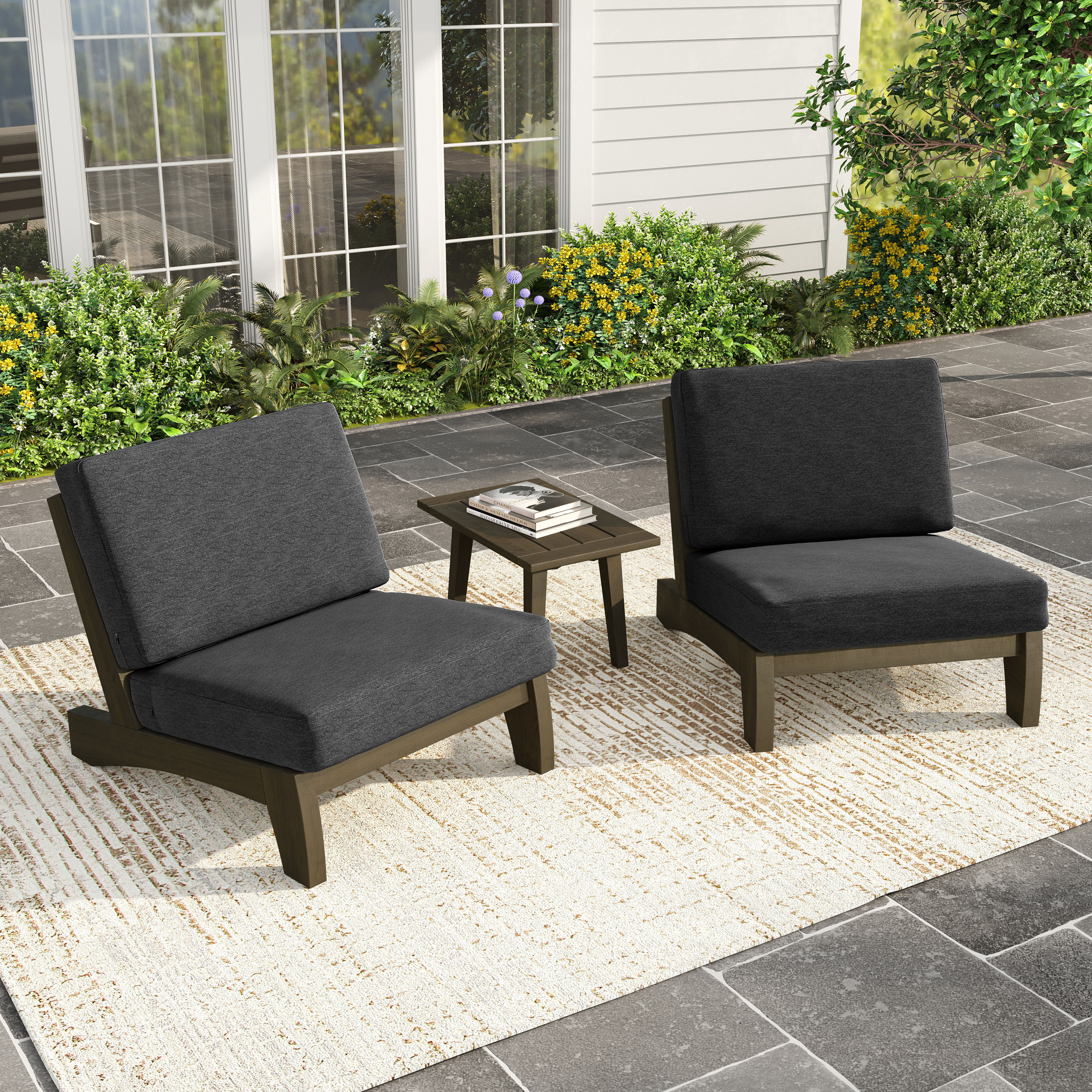 Polett 3-Piece Teak Wood Outdoor Patio Set with Armless Chairs & Table