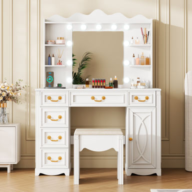 Makeup Vanity with 3-color Lighting Mirror, Outlets, Stool, Storage Drawers and Cabinet
