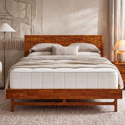 King Premium Solid Wood Platform Bed Frame Caramel Finish with Sculpted Spearhead Headboard – Mid-Century Modern Style, 800lbs Capacity, All Mattress