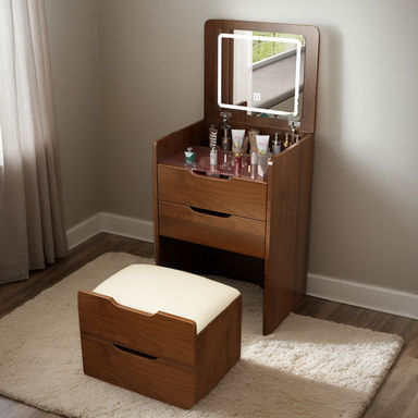 3 in 1 Vanity Desk with Plip Top Mirror,Compact Makeup Vanity with 3 Drawers,Cushioned Tool