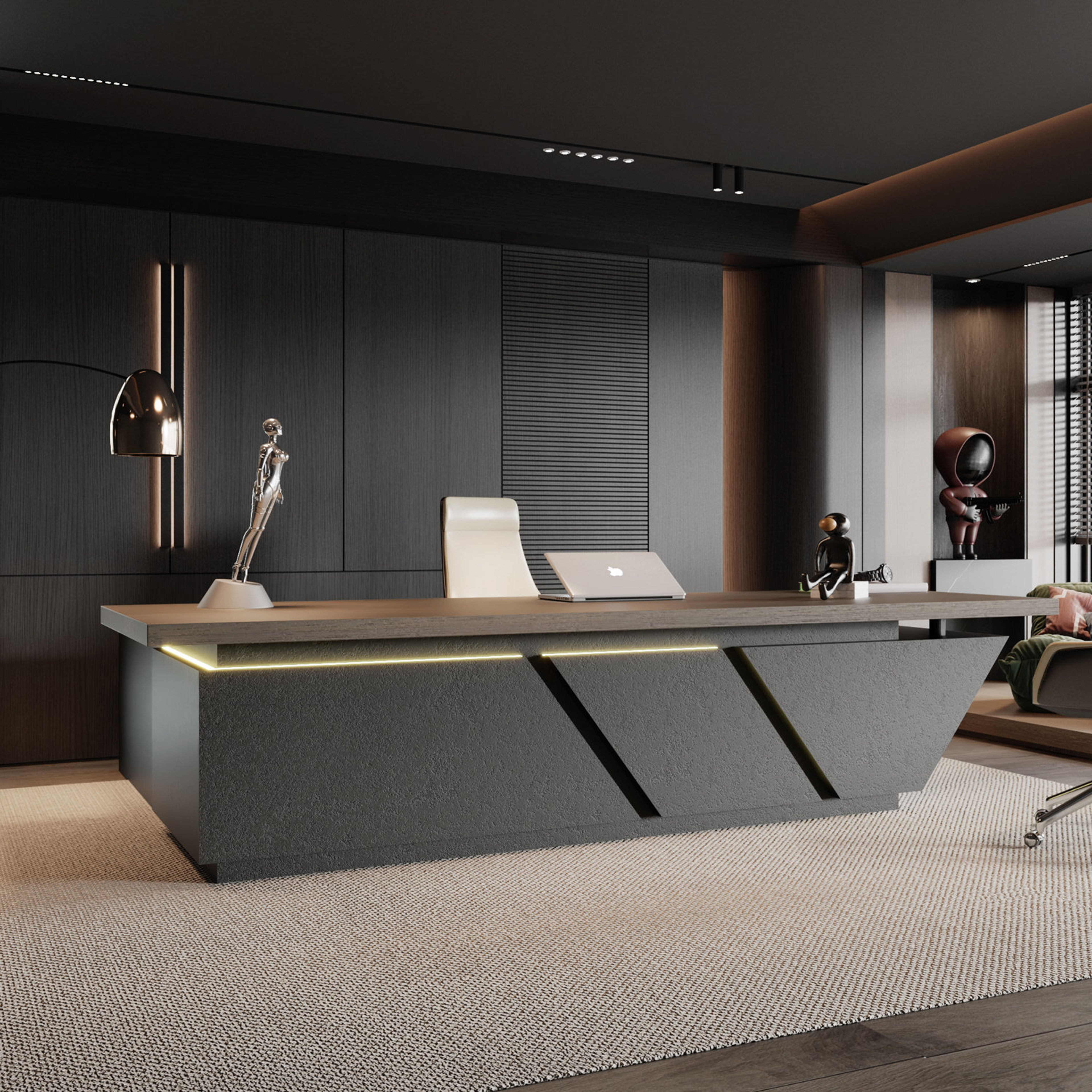 Orren Ellis Adjustable L-Shaped Executive Desk with LED Lights & Drawers