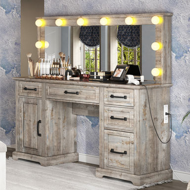 Cioeta 55.1"W Makeup Vanity with Hollywood Mirror, 5 Drawers & Adjustable Cabinet & Charging Station, 10 Detachable Light Bulbs
