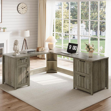L Shaped Desk With 3 Drawers, Farmhouse L Shaped Executive Desk, Wood Computer Desk With Storage Cabinet, Home Office Desk With File Drawer, Wood Desk For Work Study Writing