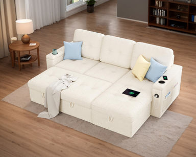 Sleeper Sofa Bed, 84 Inch Pull Out Couch With 2 USB & Cup Holders, Tufted L Shape Convertible Sofa With Storage Chaise