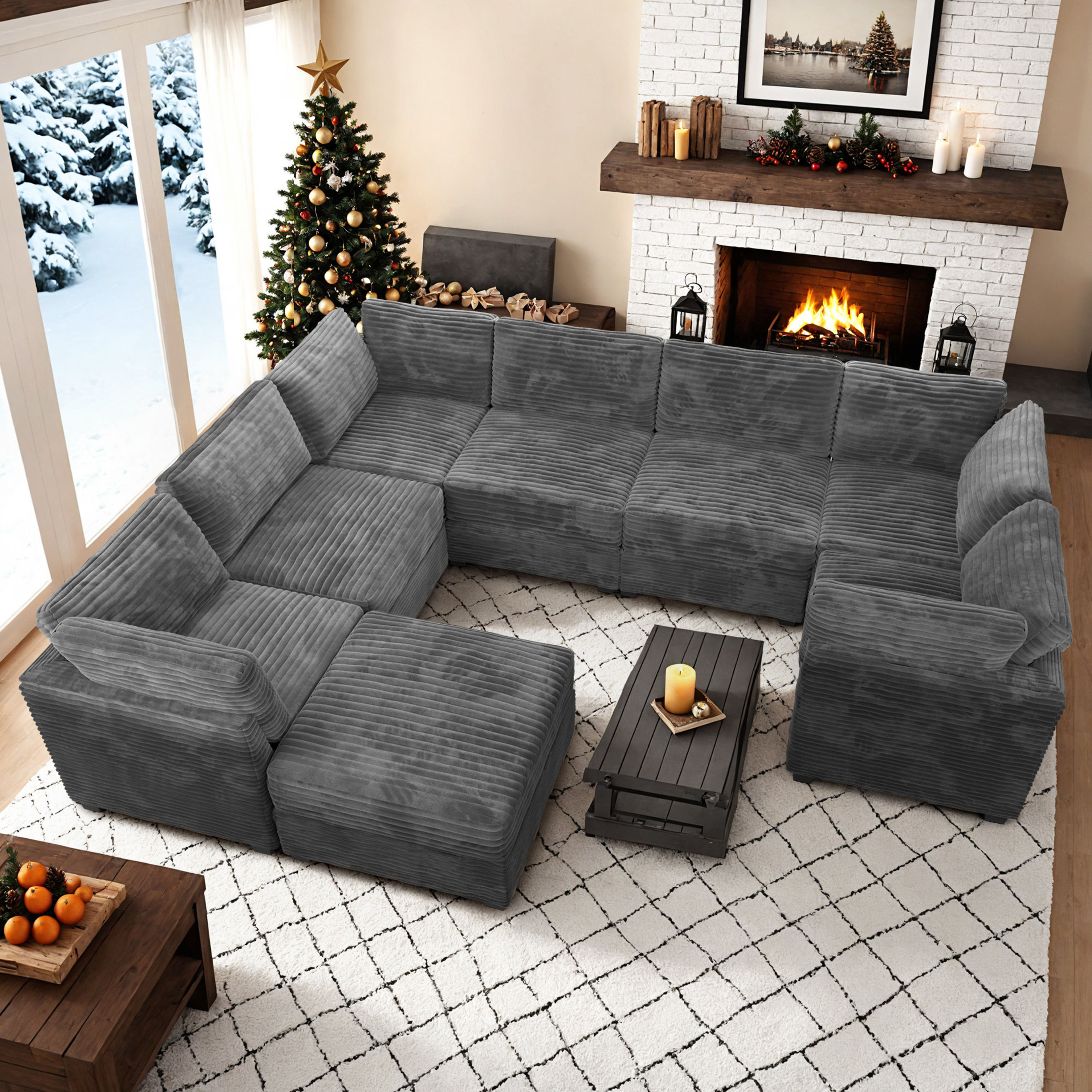 Mercer41 Benevides 7-Seat U-Shaped Corduroy Sectional Sofa with Ottoman