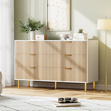 6 Drawer Dresser for Bedroom, Modern Drawer Dresser with Gold Handle and Large Drawer, Wood Double Chest of Drawers and Storage Organizer for Living Room, Hallway, Entryway
