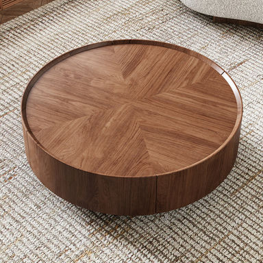 Shanea Industrial Walnut Round Coffee Table with Storage Drawers for Living Room and Home Office