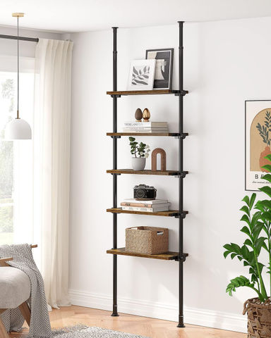5 Tiers Narrow Bookshelf, Tall Adjustable Ladder Book Shelf With Open Storage, Floor To Ceiling Tension Mount, Wooden Industrial Bookcase For Living Room, 92 To 116 Inch