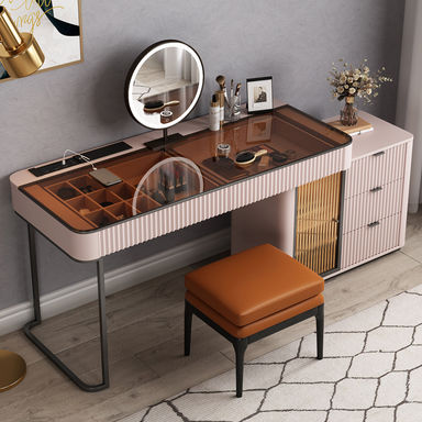 17 Stories High-quality Makeup Vanity Set,L-Shaped Executive Desk,Power Outlet, Glass Top,Very easy to assemble,Includes vanity stool & Reviews | Wayfair