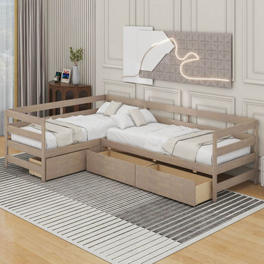 Twin Size L-Shaped Platform Bed With Drawers