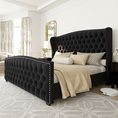 DuJuan Deep Button Tufted Upholstered Bed with Nailhead Trim Wingback Headboard