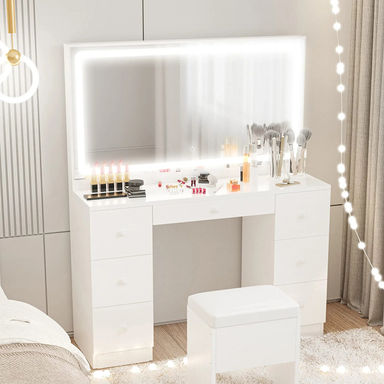 Latitude Run® Makeup Vanity Desk with LED Lighted Mirror & Power Outlet & 7 Drawers & Reviews | Wayfair