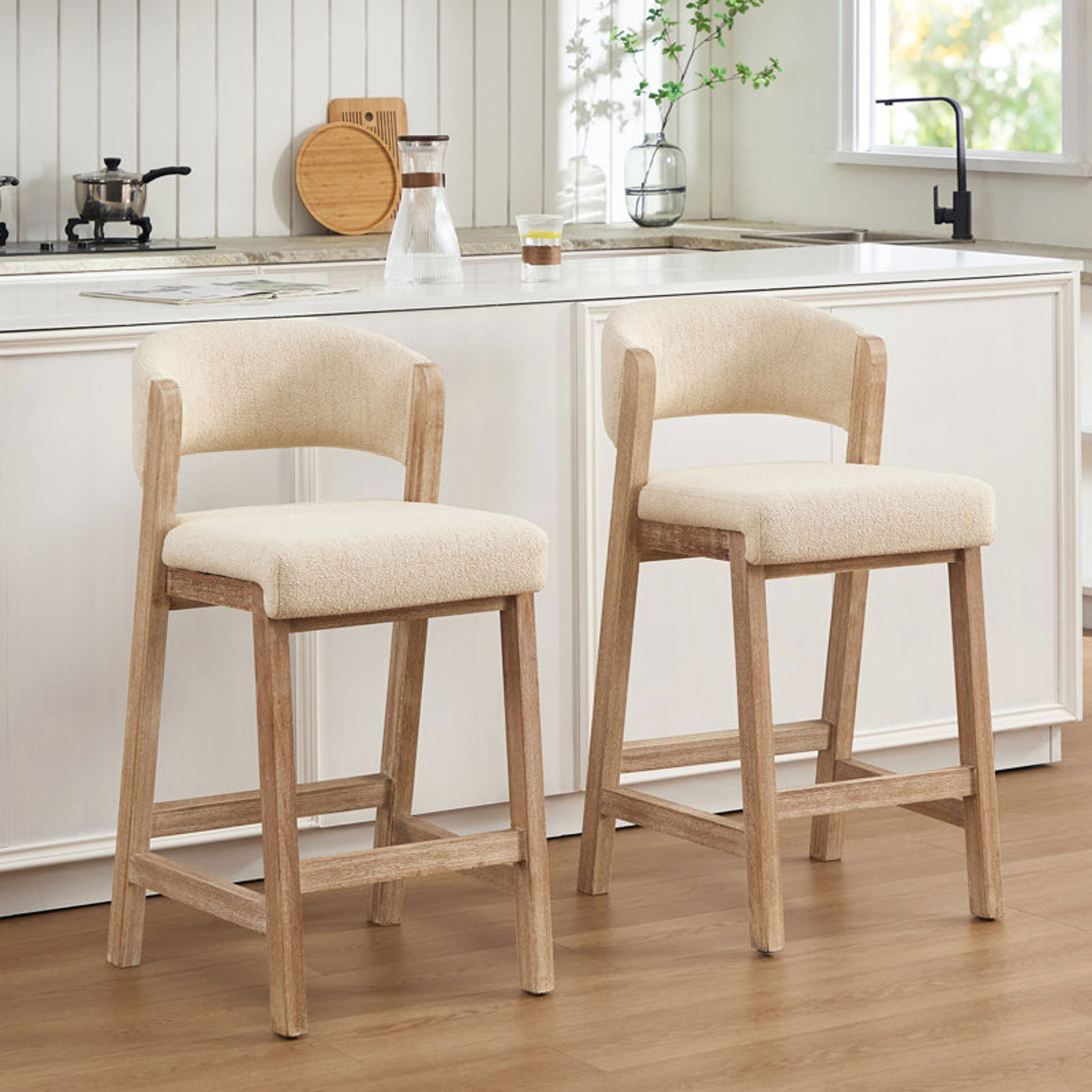Gracie Oaks Mid-Century Linen Counter Stool 26.2"H Solid Wood