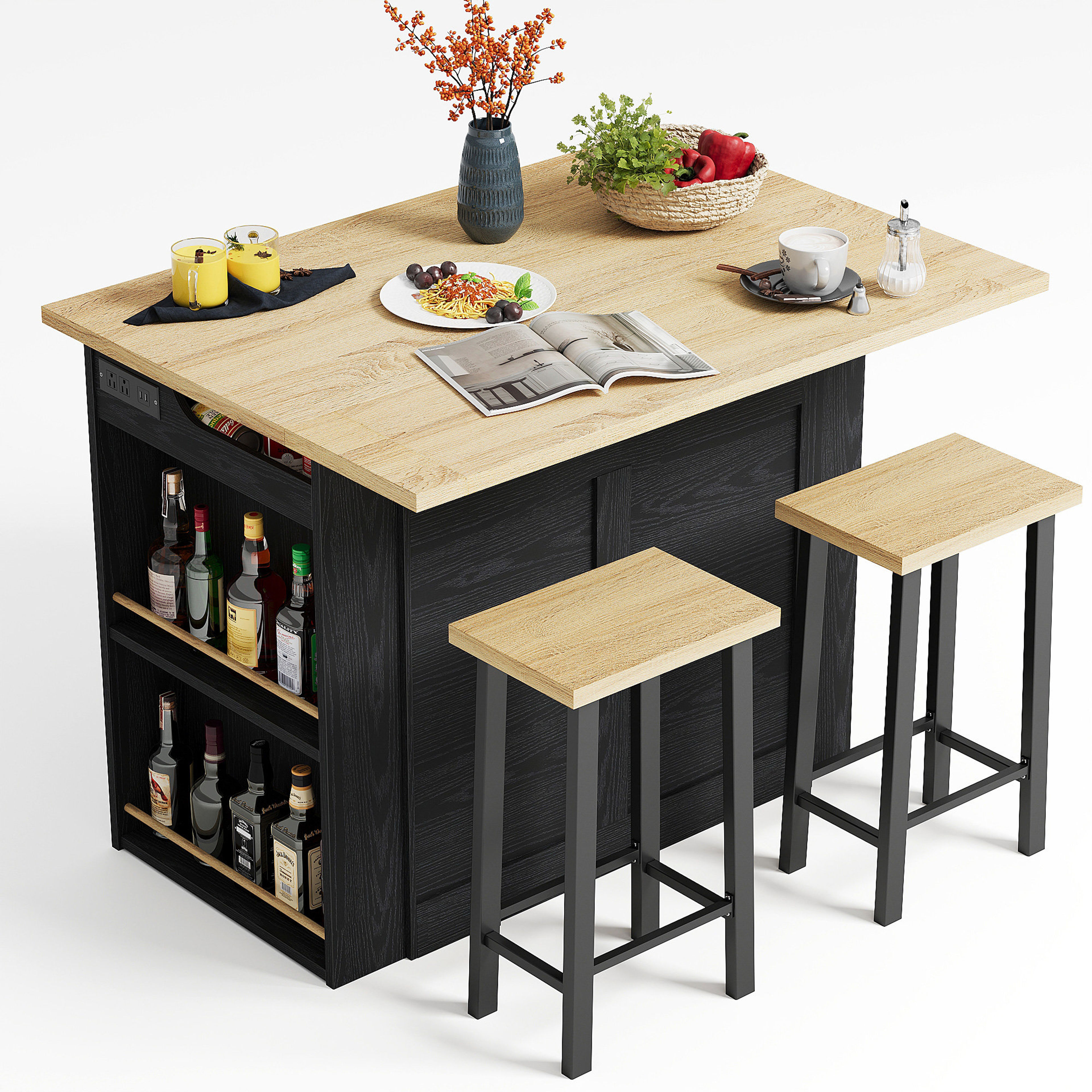 Winston Porter 3-Piece Kitchen Island Set with Storage & Stools