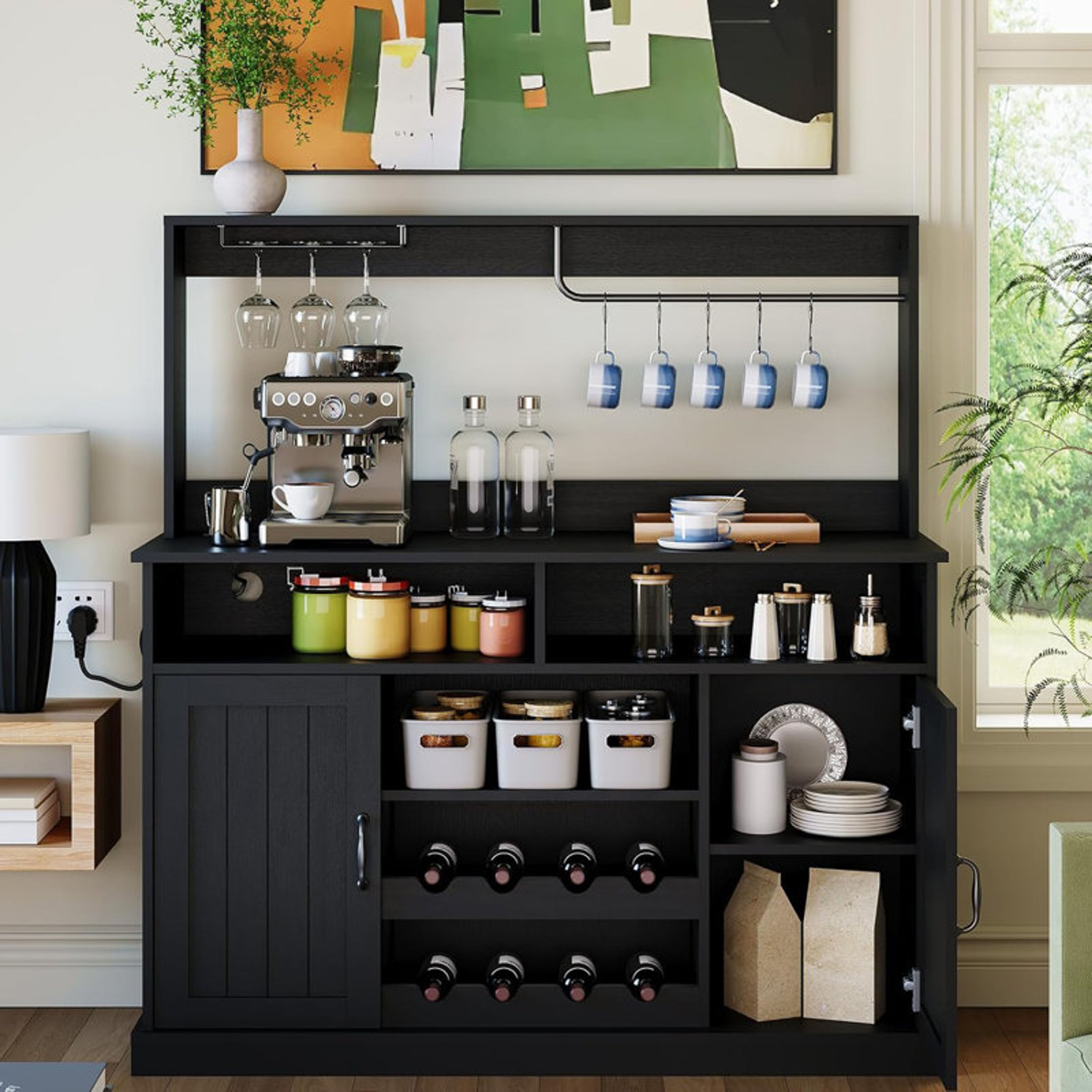 47" Farmhouse Coffee Bar Cabinet with Wine Rack, Hutch & Power Outlet
