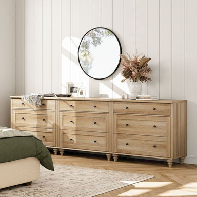 Scarlett Oak Dressers With 9 Wide Chest Of Drawers, Large Wood Dressers For Living Room, Nursery, Hallway