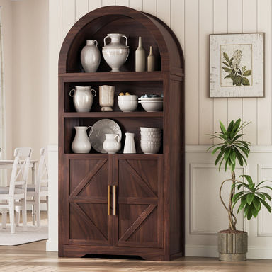 70.9" Tall Elowen Arched Display Storage Bookcase With Open Shelves And Cabinet