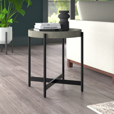 Lemley 20"W Industrial Farmhouse Solid Wood Metal Concrete Coating Round End Table With Tray Top