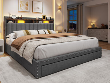House of Hampton® Upholstered Storage Bed Frame with 3 Drawers and 2-Tier Shelf Headboard,No-Noise & Reviews | Wayfair