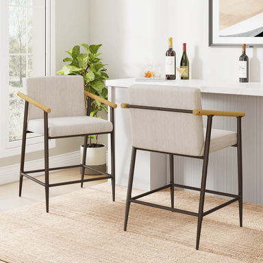 Henrik 26" Seat Height Mid-Century Modern Counter Stools with Wood Armrests (Set of 2)