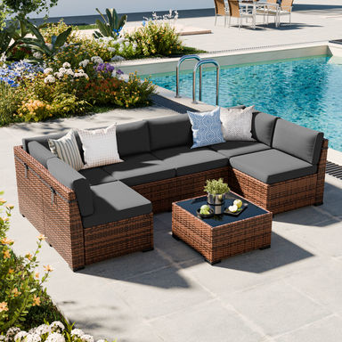 Treyshun 7 Piece Wicker Outdoor Modular Sectional Seating Group with Optional Fire Pit Table