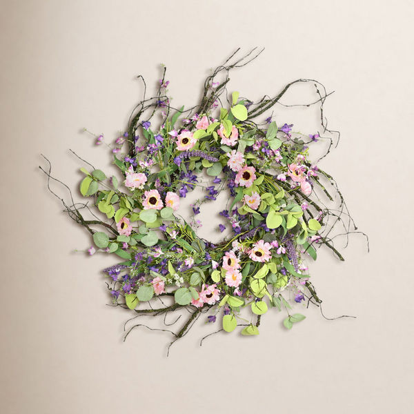 24" Artificial Farmhouse Twig Blossoms Cluster Greenery Eucalyptus Berry Daisy Spring Summer Wreath For Front Door