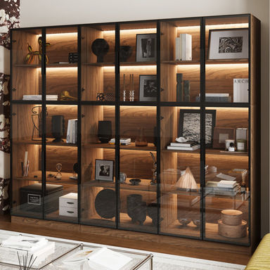 94.5 '' W Combination Bookcase With Glass Doors And Led Lights, Display Cabin With 5-tier Shelveset