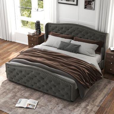 Kassaia Velvet Upholstered Metal Nail Trim Platform Bed with Tufted Headboard and 4 Drawers