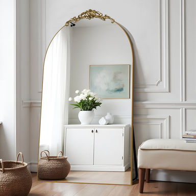 Arch Wood Full Length Mirror Freestanding Mirror Wall Mirror with Carved Design