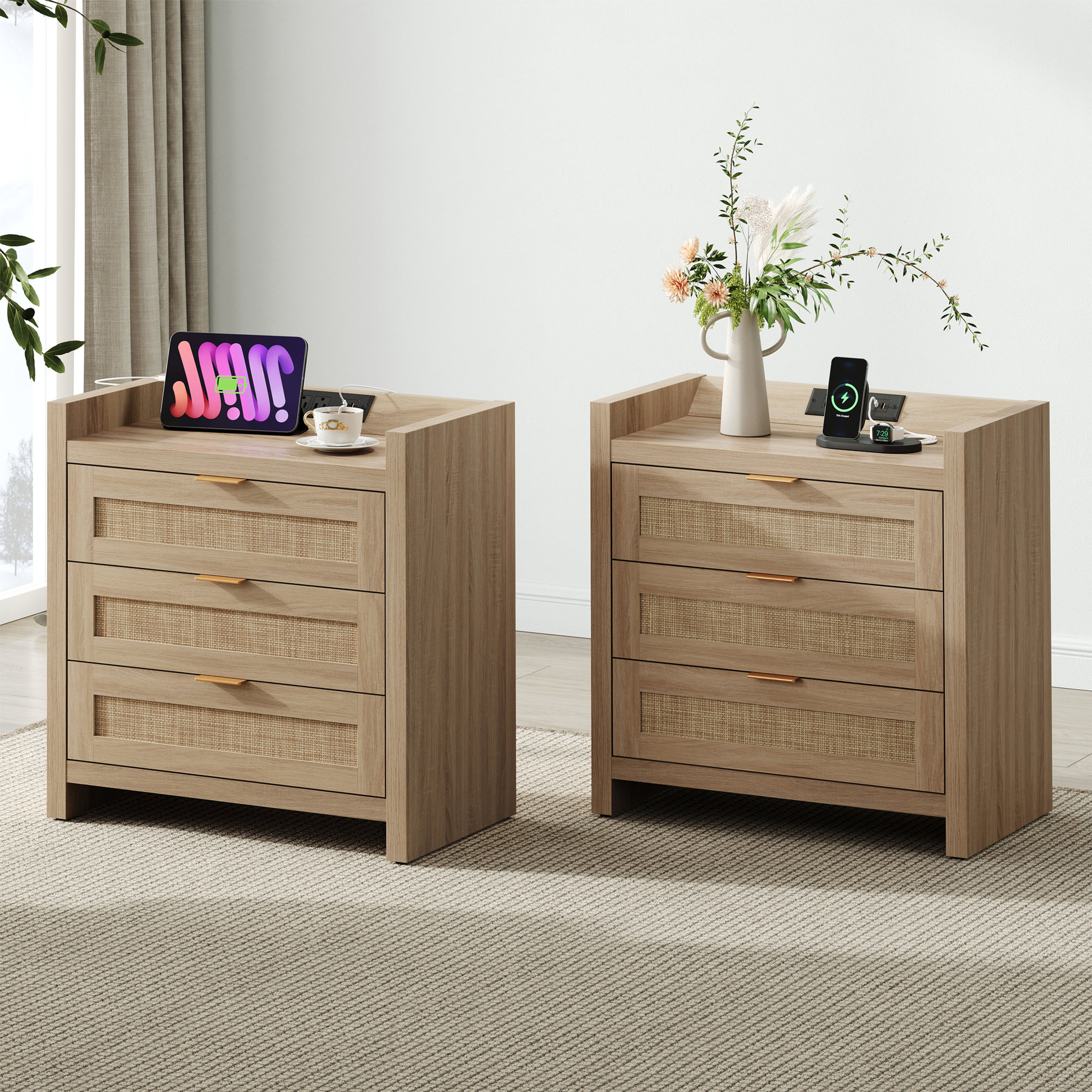Ashvir Rattan 3-Drawer Nightstand Set of 2 with Built-In Outlets