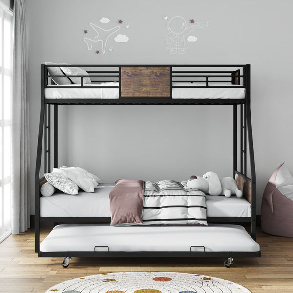 Twin Over Full Bunk Beds With Trundle, Metal Bunk Bed Frame With Safety Guardrail And 2 Ladder