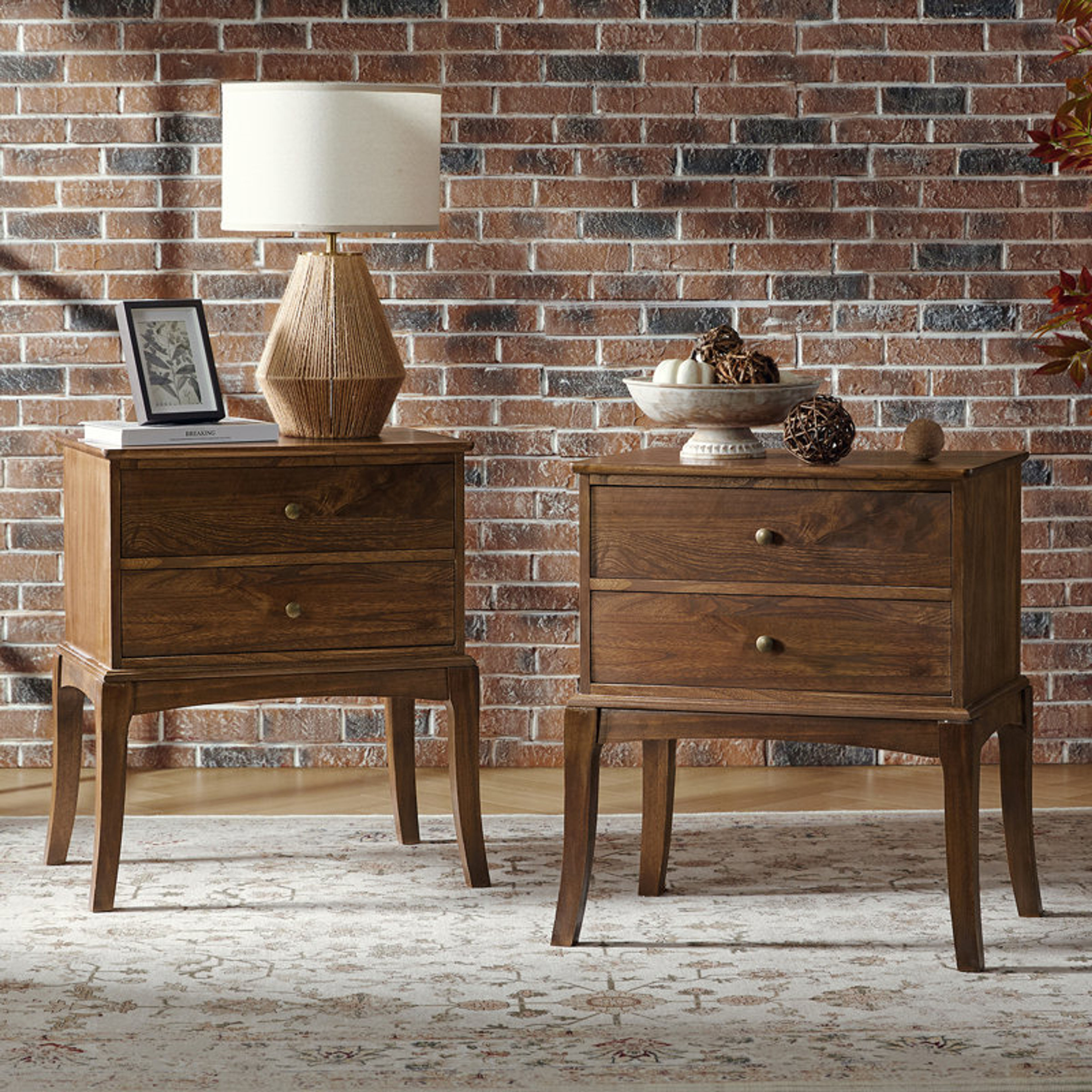 Einav 28" Solid Wood Nightstand Set of 2 with Built-in Outlet Walnut