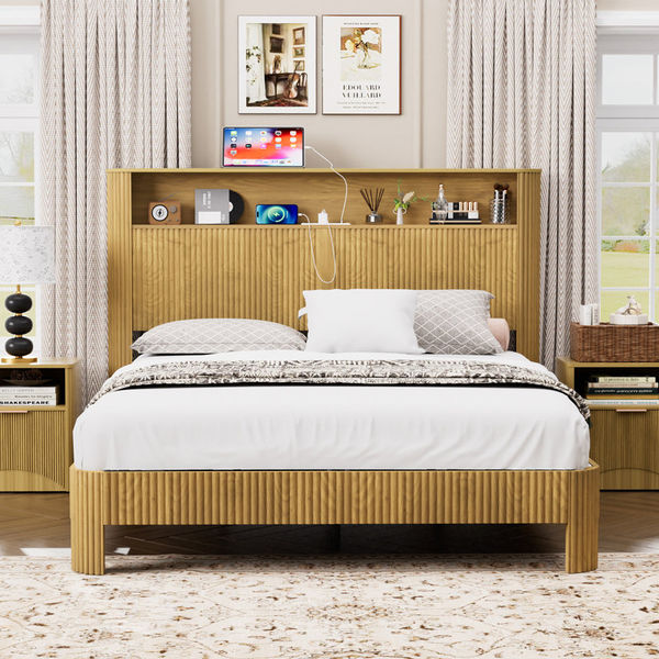 Bed Frame With Storage Headboard, Built-In Charging Station