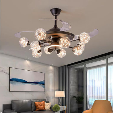 Modern 10-Light Chandelier with Fan Black Fandelier with Remote for Living