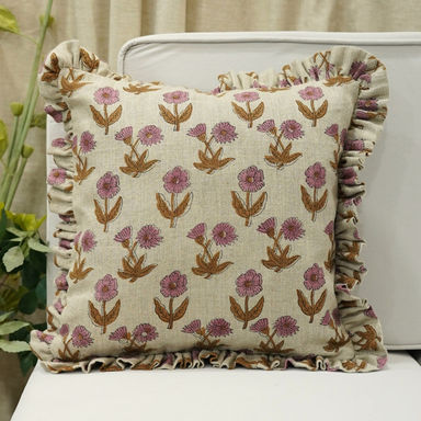 Fabdivine Hand Block Print Double Side Floral Linen Fabric Frill Pillow Cover for Home Décor