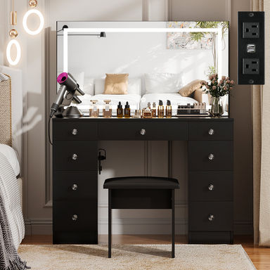 Latitude Run® Greyden Vanity Set With LED Mirror & Power Outlets, 9 Drawers with Diamond Handles & Reviews | Wayfair