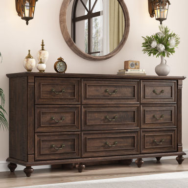 Charlton Home® 63" Farmhouse 9 Drawer Wood Dresser For Bedroom With 6 Solid Wood Feet And Roman Column Decor & Reviews | Wayfair
