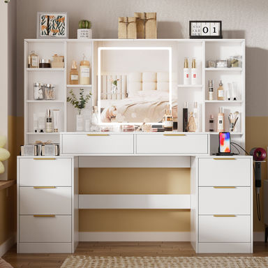Ivy Bronx Large Makeup Vanity Desk With Lighted Mirror & Power Outlet,vanity Desk Dresser Table With 3 Lighting Modes Brightness Adjustable,drawers,shelves,hair Dryer Stand For Bedroom,white & Reviews | Wayfair
