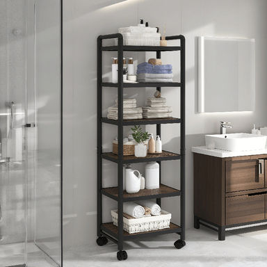 6-Tier Splittable Wood Rolling Storage Shelves, Slim Rolling Storage Cart With Metal Frame, Narrow Mobile Shelving Unit, Stackable Organizer Shelves F