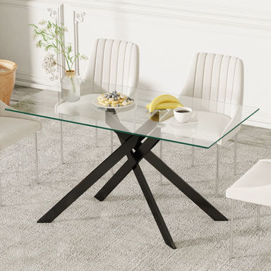 Carlinda Glass Dining Table for 4-6 People, Rectangular Kitchen Table with Cross Metal Legs, Modern Dining Table for Small Spaces