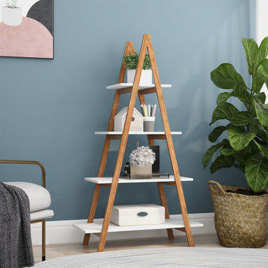 Ebern Designs Solid Bamboo Wood Oxford A-Frame Ladder Display Bookshelf With Adjustable Shelves And LED Lighting For Modern Interiors - Wayfair Canada